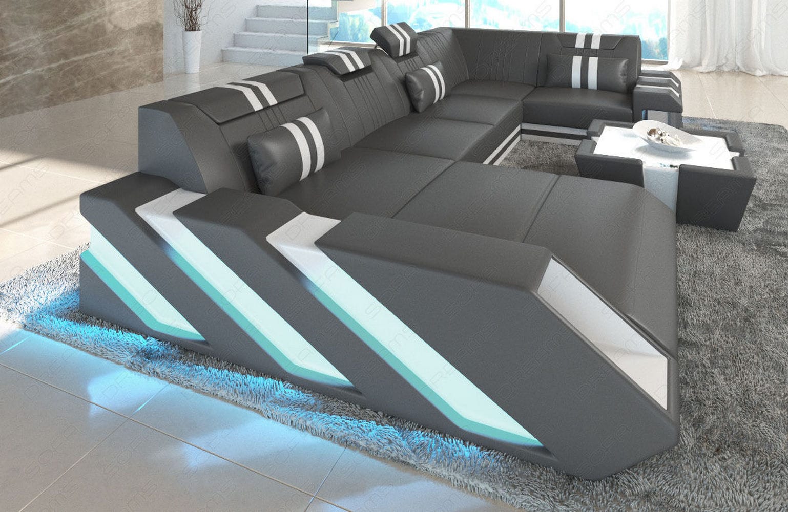 Ledercouch Apollonia U-Form – Komfort & Stil grau-weiß