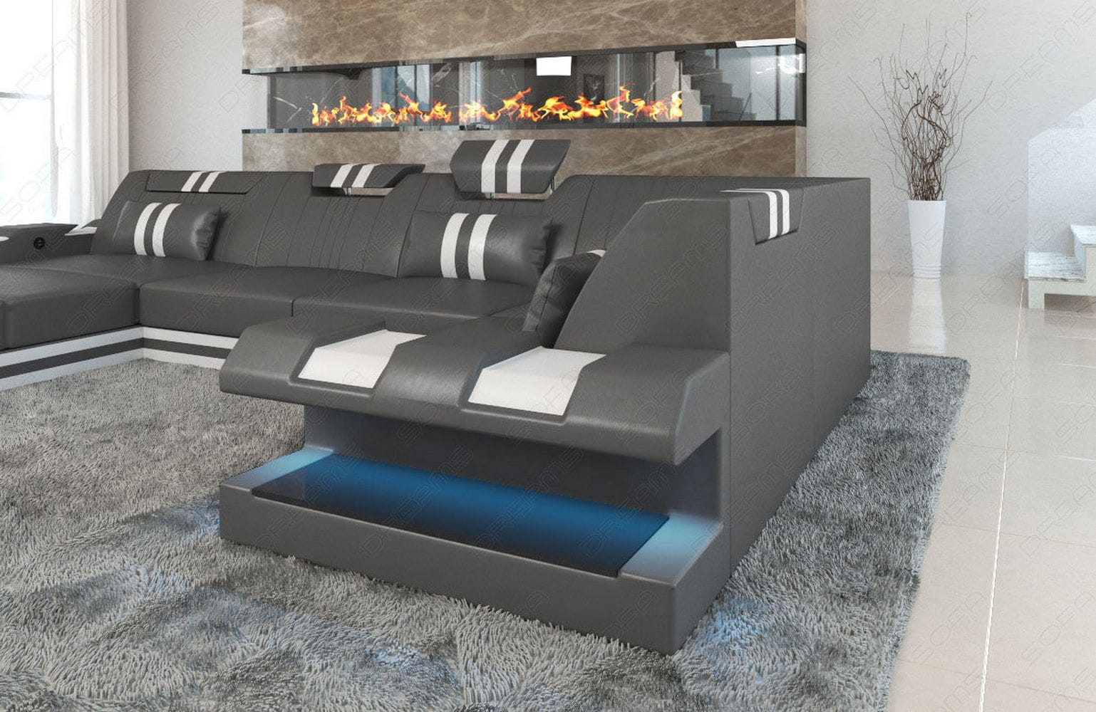 Ledercouch Apollonia U-Form – Komfort & Stil grau-weiß