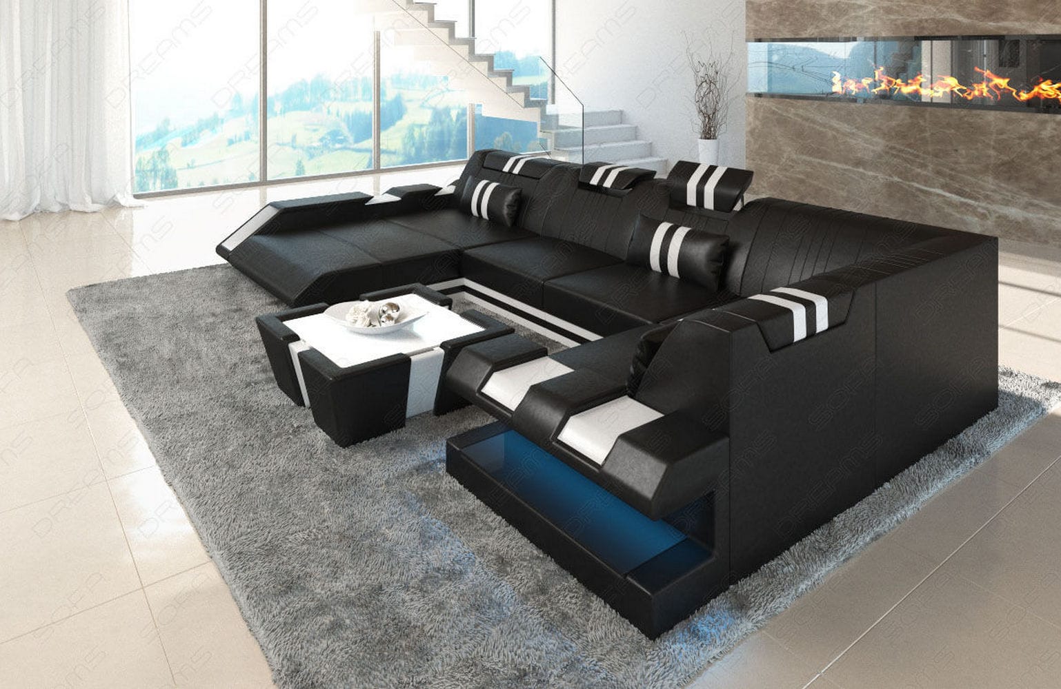 Wohnlandschaft Couch Apollonia U-Form in Leder schwarz-weiß