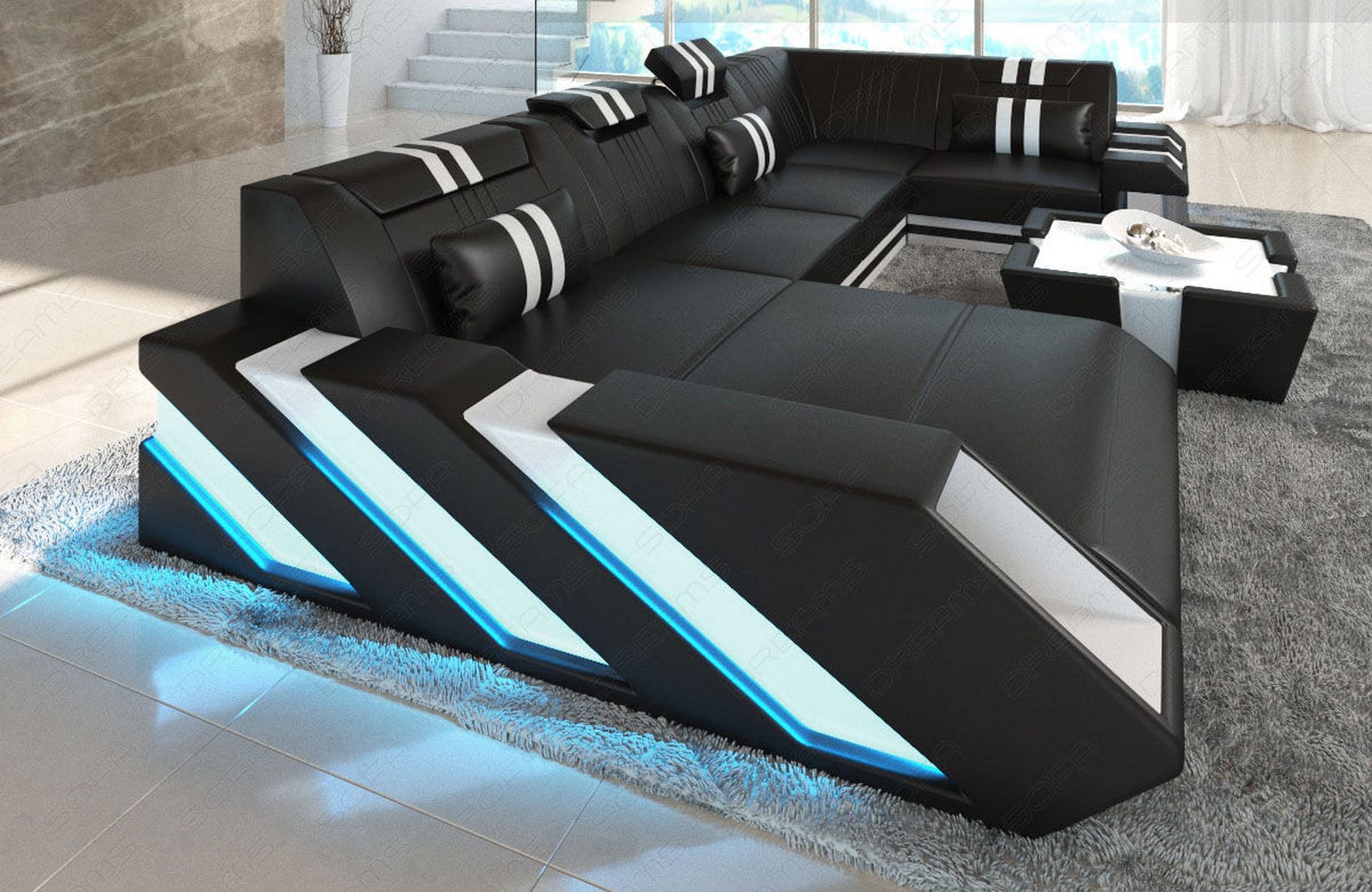 Wohnlandschaft Couch Apollonia U-Form in Leder schwarz-weiß