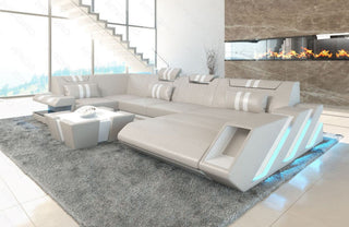 Wohnlandschaft Couch Apollonia U-Form in Leder beige-weiß