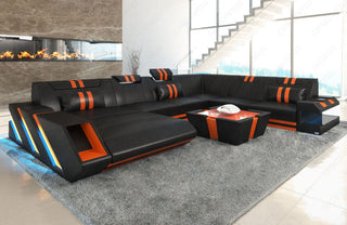 XXL Wohnlandschaft Apollonia U-Form aus Leder schwarz-orange