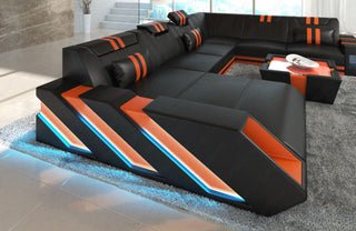 XXL Wohnlandschaft Apollonia U-Form aus Leder schwarz-orange
