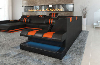 XXL Wohnlandschaft Apollonia U-Form aus Leder schwarz-orange