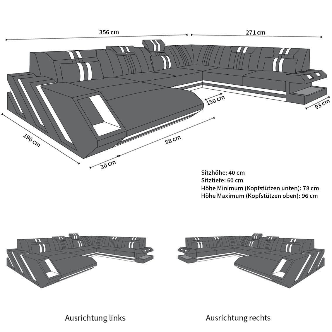 XXL Wohnlandschaft Apollonia U-Form aus Leder schwarz-orange