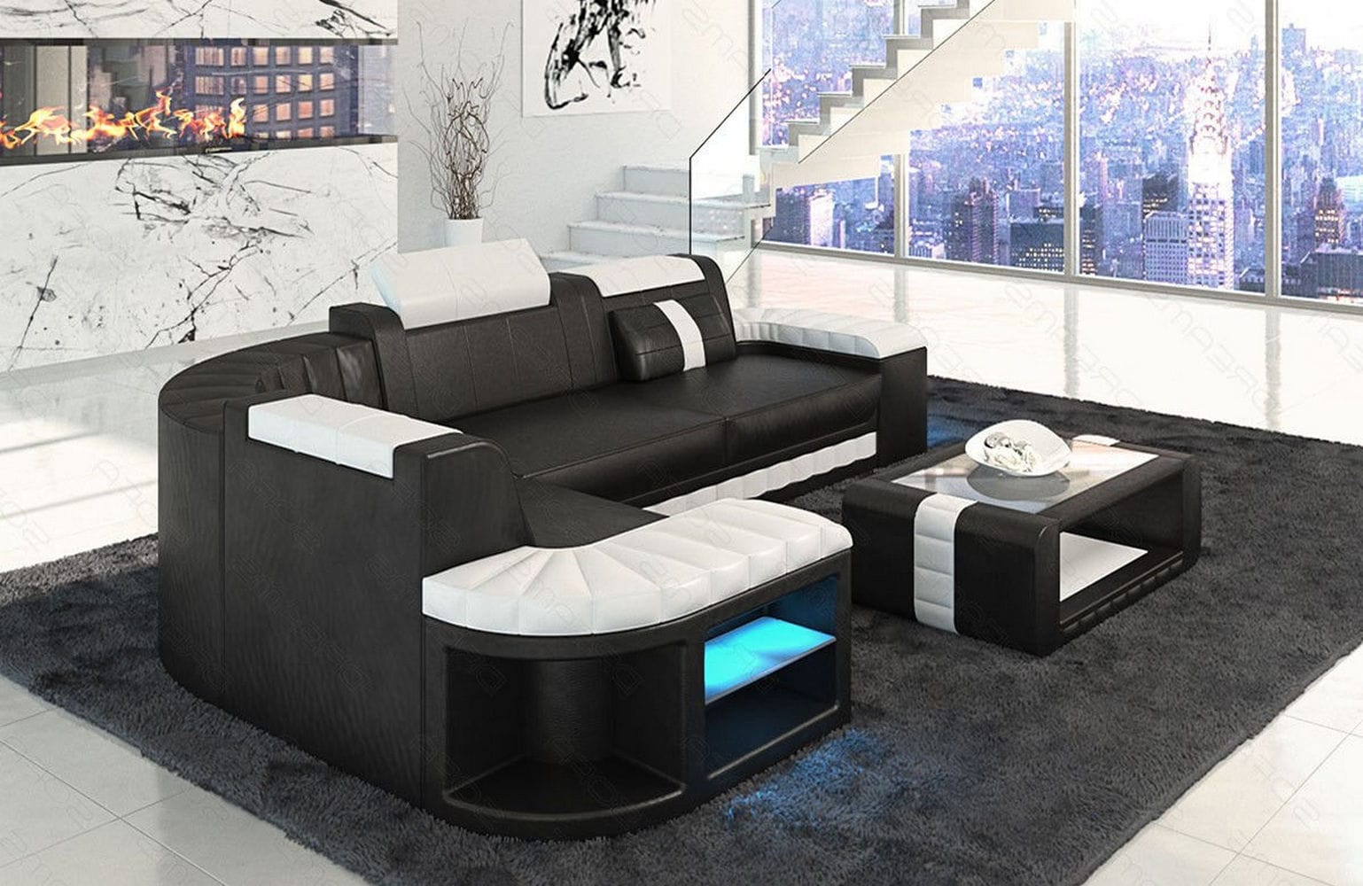 Mini Sofa Bergamo L-Form in Leder Schwarz-Weiß