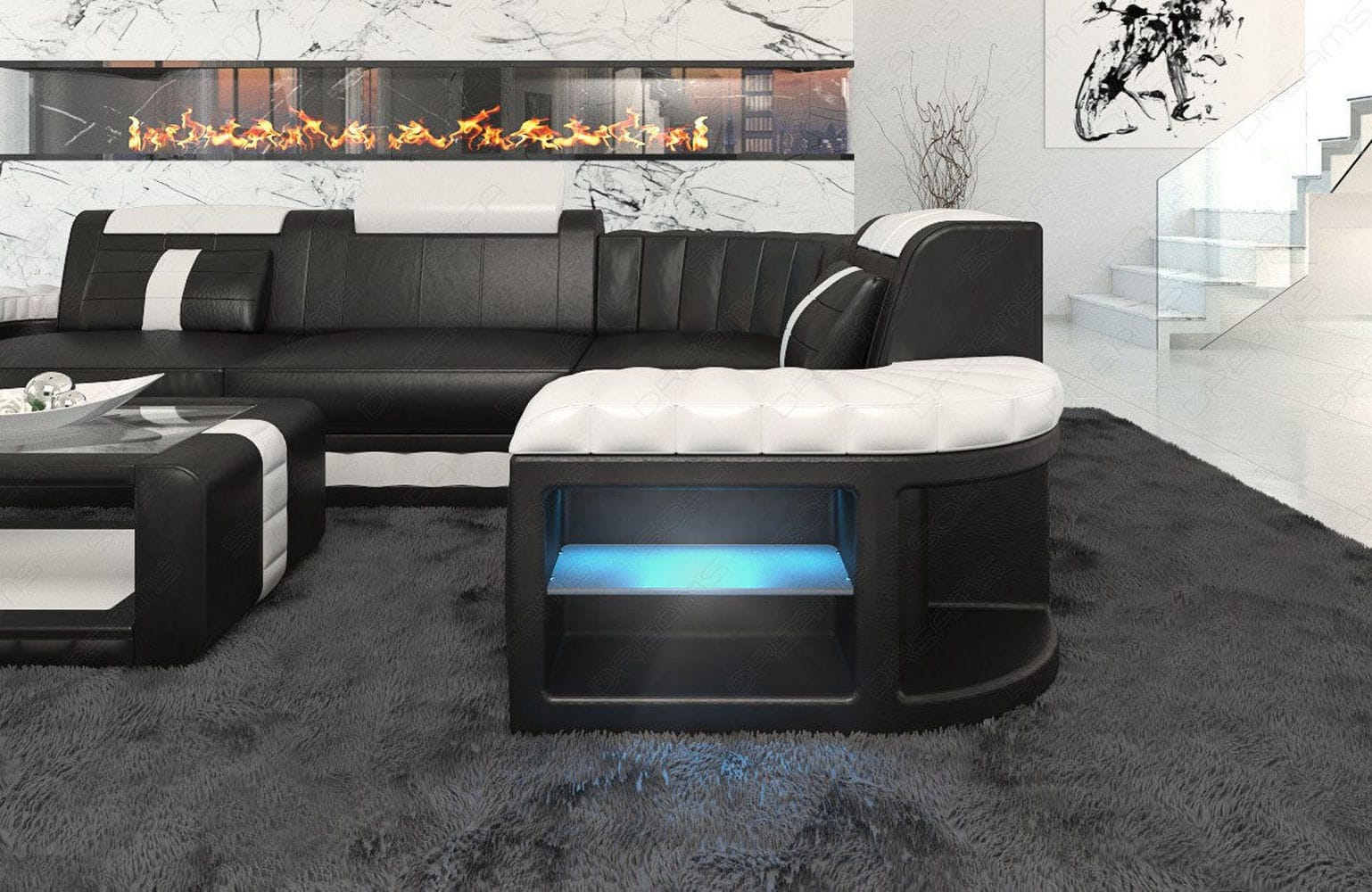 Mini Sofa Bergamo L-Form in Leder Schwarz-Weiß