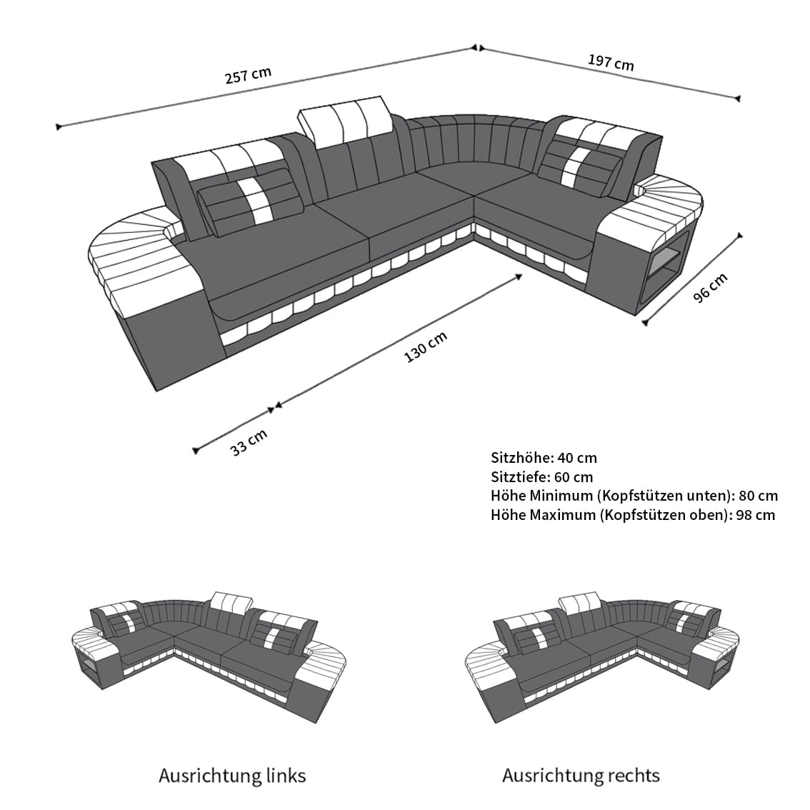 Mini Sofa Bergamo L-Form in Leder Schwarz-Weiß