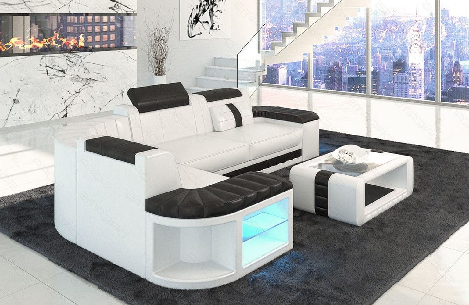 Mini Sofa Bergamo L-Form in Leder Weiß-Schwarz