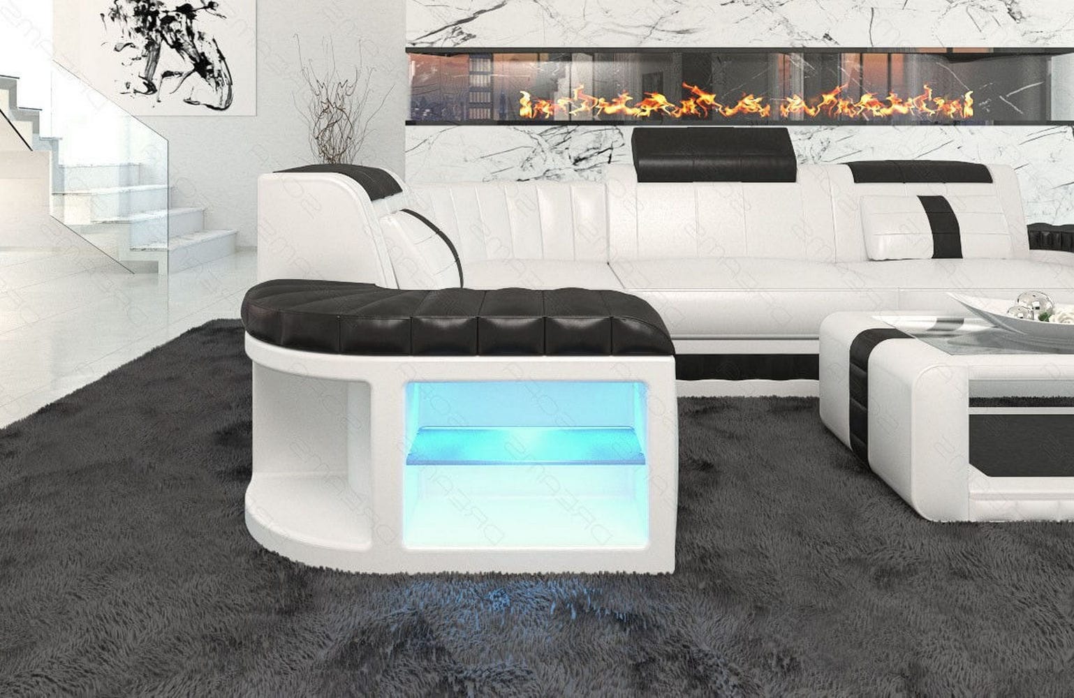 Mini Sofa Bergamo L-Form in Leder Weiß-Schwarz