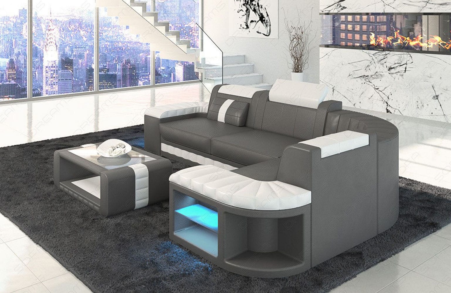 Mini Sofa Bergamo L-Form in Leder grau-weiß