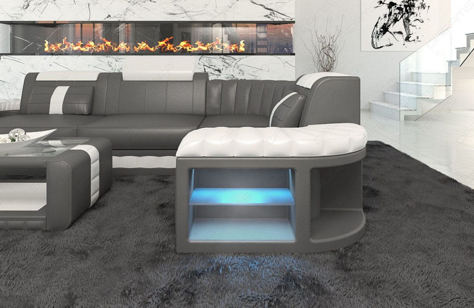 Mini Sofa Bergamo L-Form in Leder grau-weiß