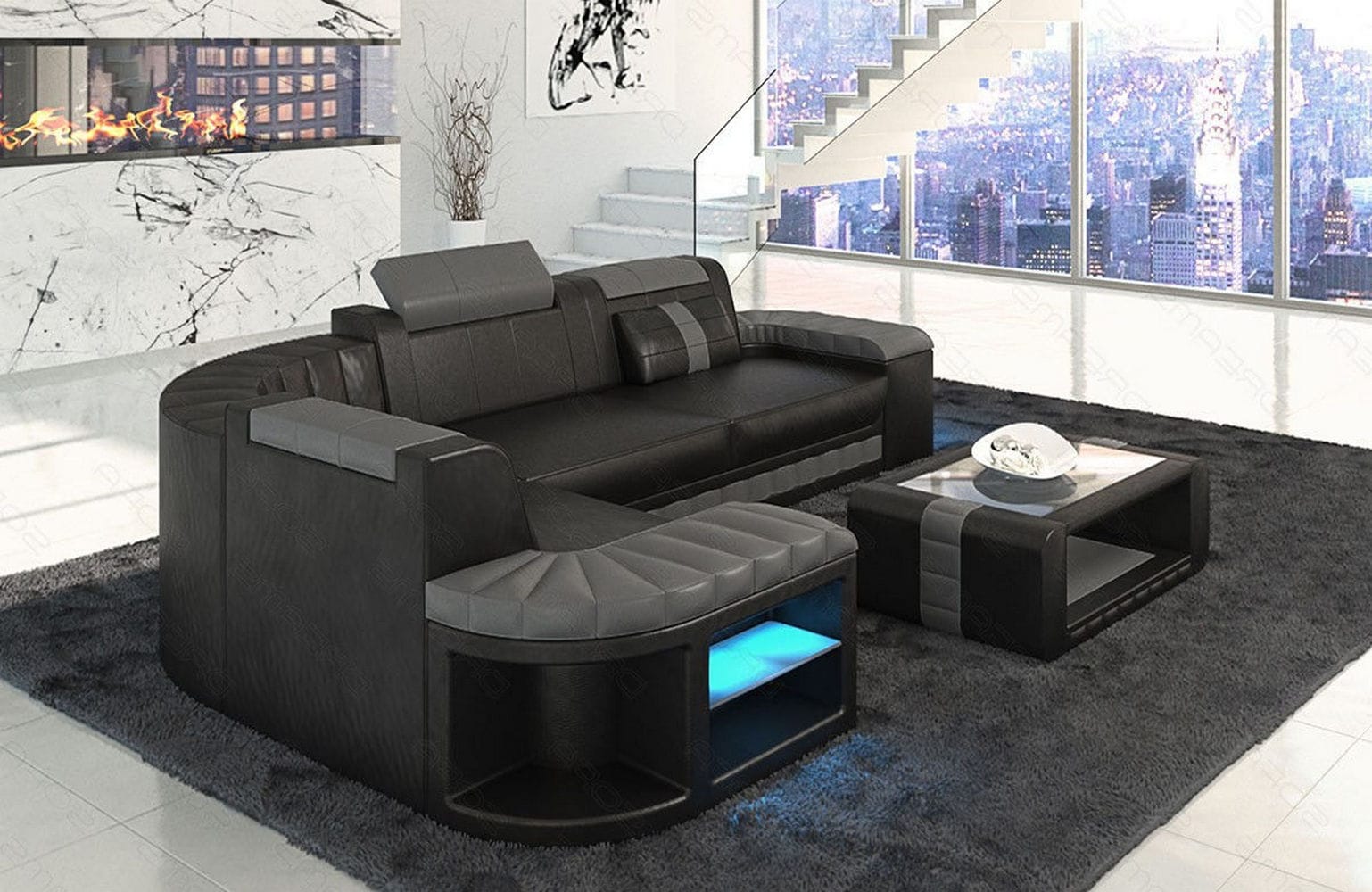 Mini Sofa Bergamo L-Form in Leder Schwarz-Grau