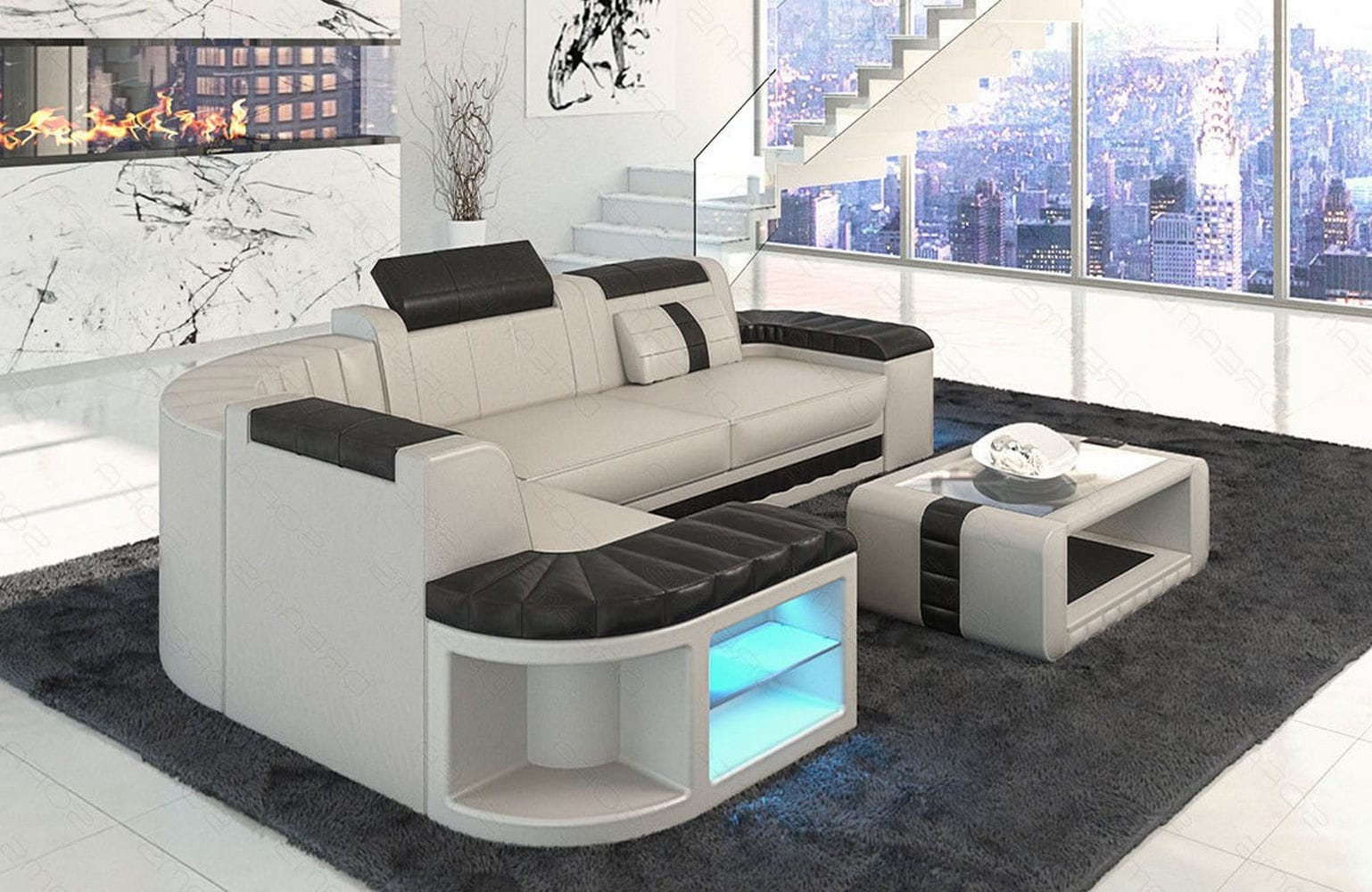 Mini Sofa Bergamo L-Form in Leder Beige-Schwarz