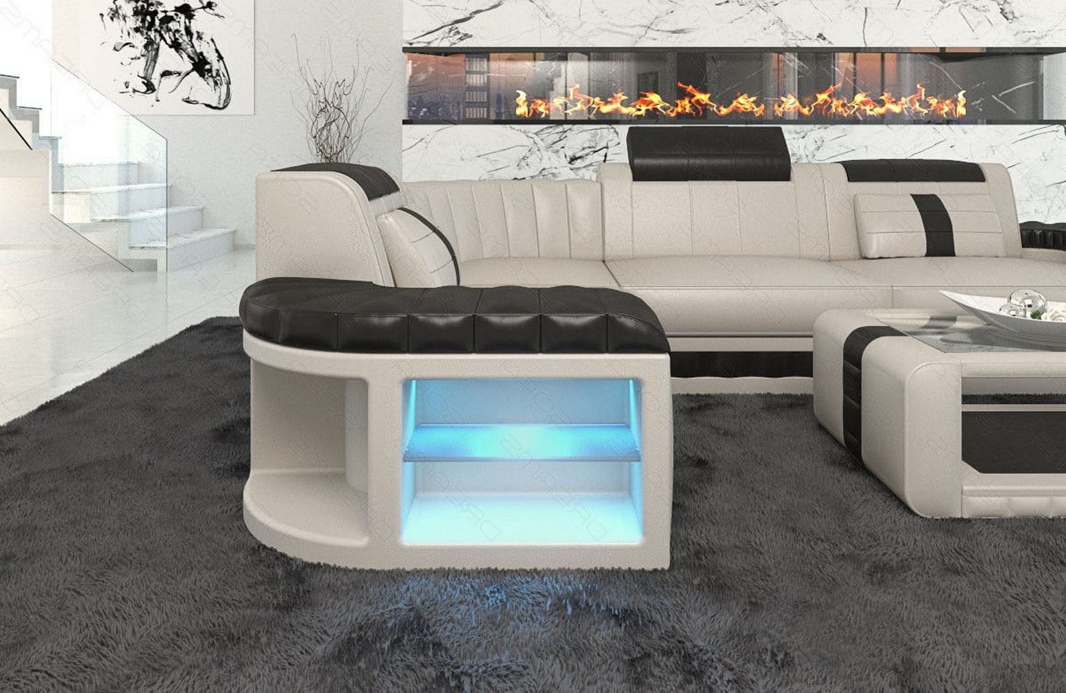 Mini Sofa Bergamo L-Form in Leder Beige-Schwarz