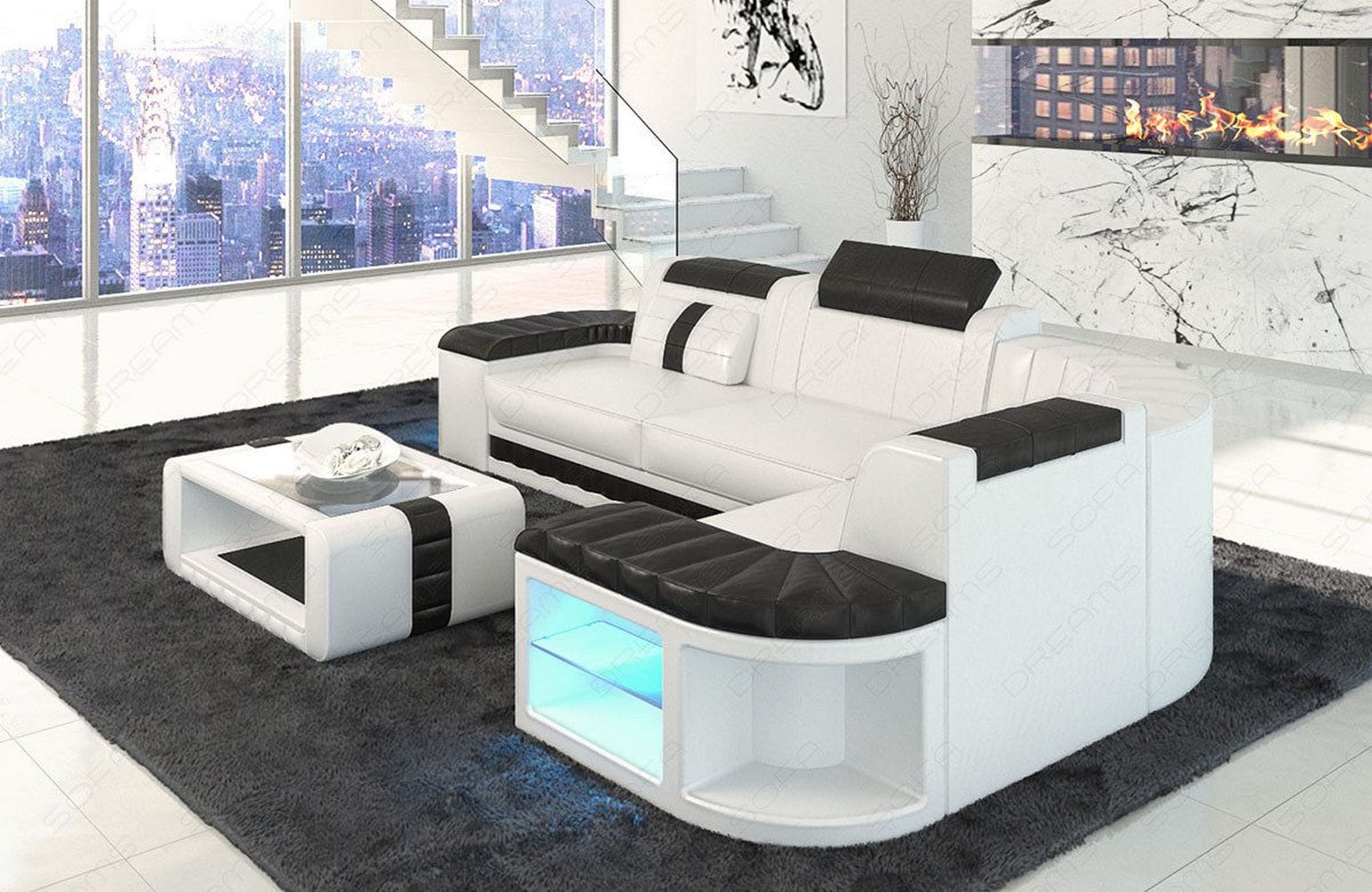 Mini Sofa Bergamo in Leder weiß-schwarz