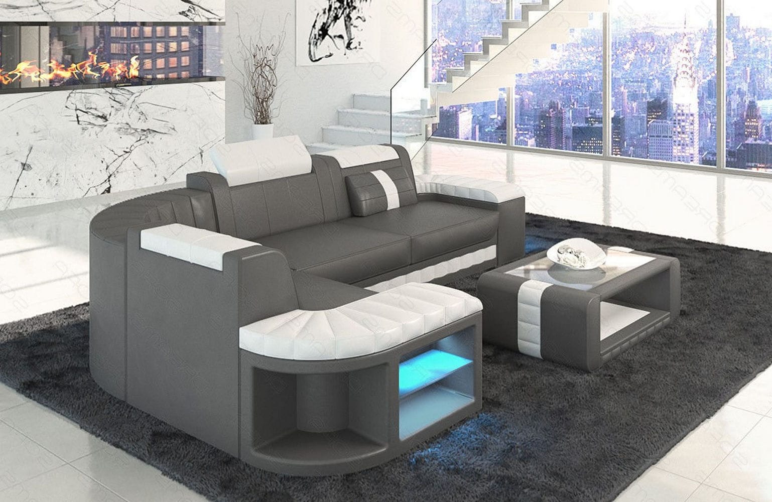 Designersofa Leder Bergamo – Eleganz pur grau-weiß
