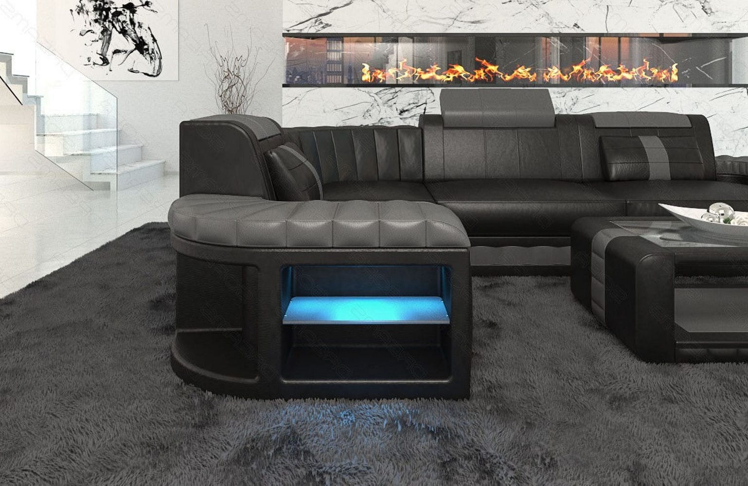 Designsofa Bergamo Eleganz L-Form aus Leder schwarz-grau