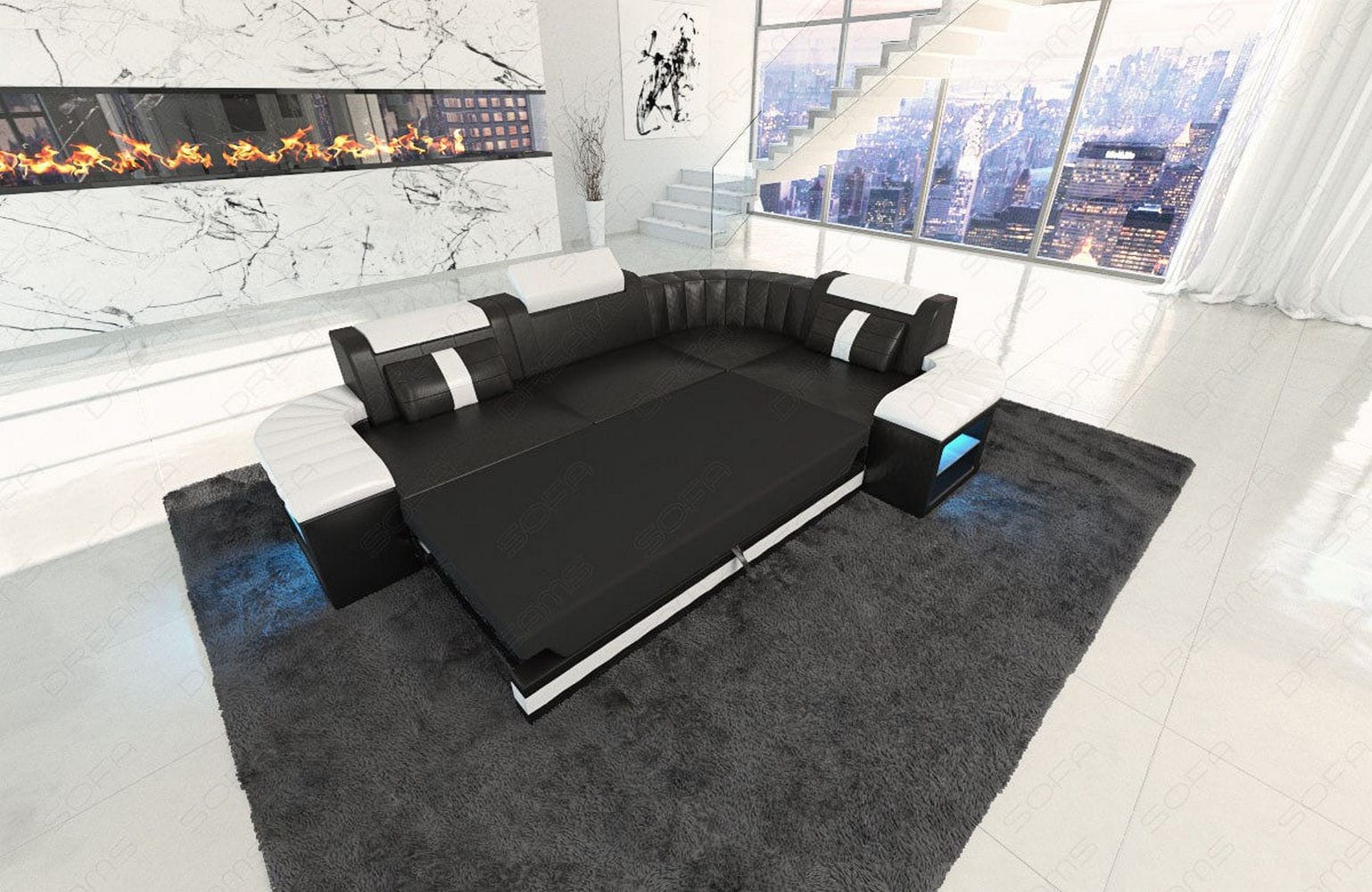 Designsofa Bergamo Eleganz L-Form aus Leder schwarz-grau
