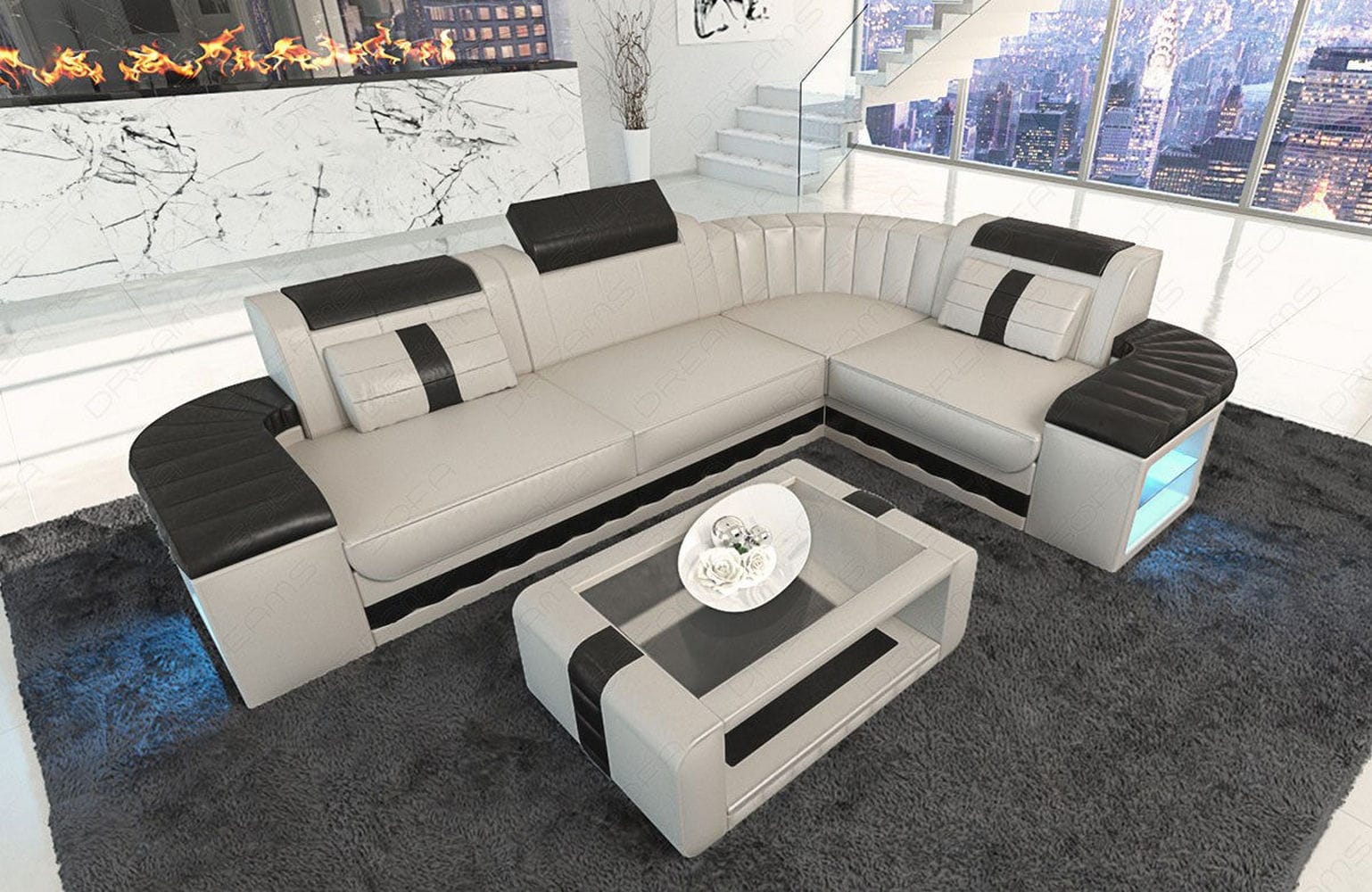 Designsofa Bergamo Eleganz aus Leder beige-schwarz