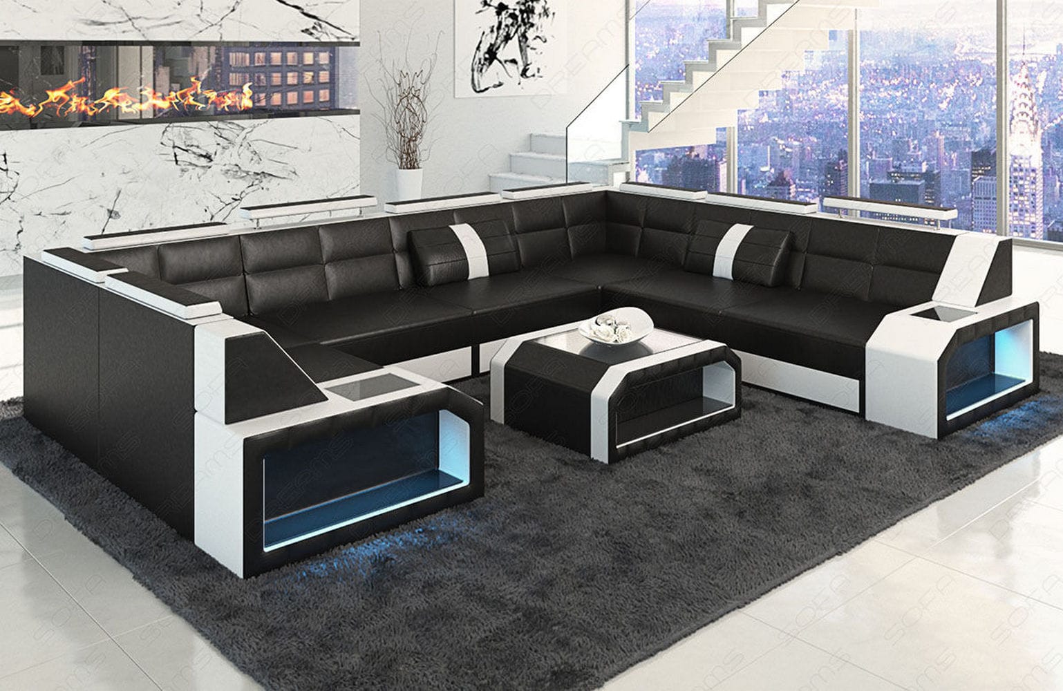 Mini Wohnlandschaft Pesaro U-Form aus Leder Schwarz-Weiß