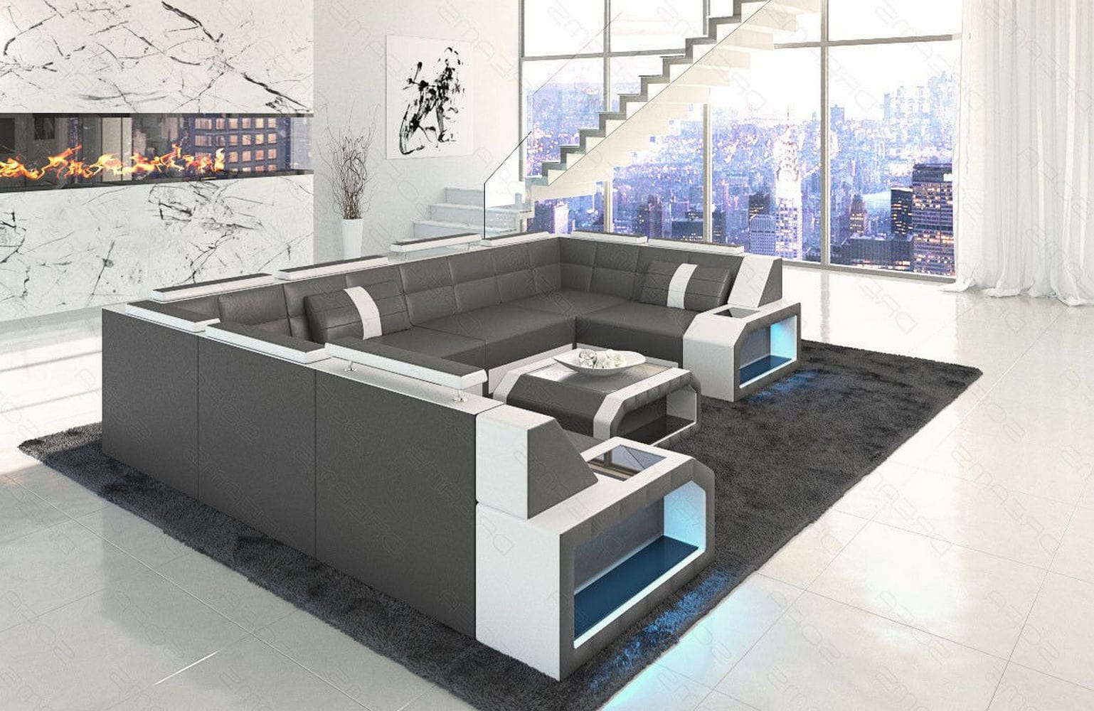 Mini Wohnlandschaft Pesaro U-Form aus Leder grau-weiß