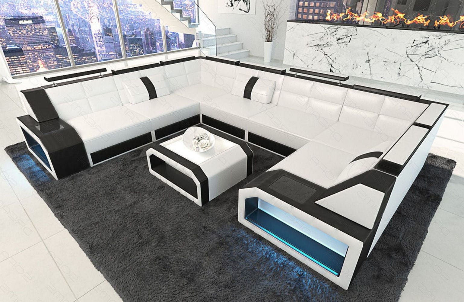 Mini Wohnlandschaft Pesaro U-Form aus Leder Weiß-Schwarz