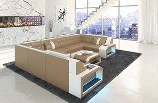 Mini Wohnlandschaft Pesaro U-Form aus Leder Sandbeige-Weiß