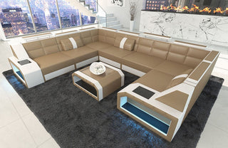 Mini Wohnlandschaft Pesaro U-Form aus Leder Sandbeige-Weiß