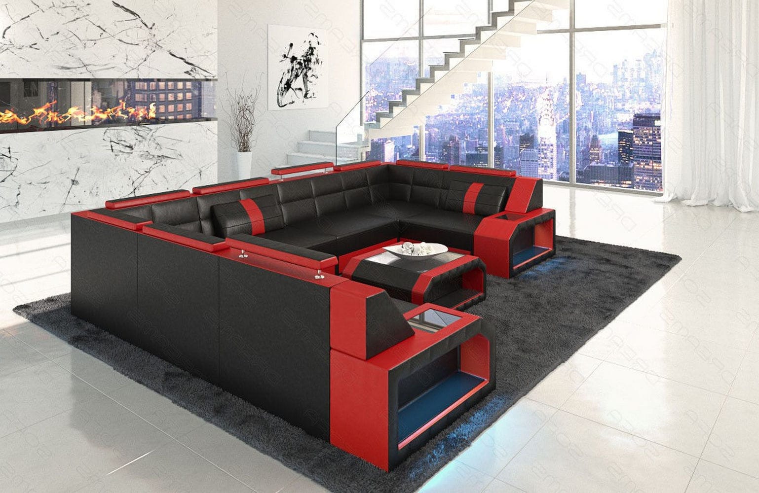 Mini Wohnlandschaft Pesaro U-Form aus Leder Schwarz-Rot