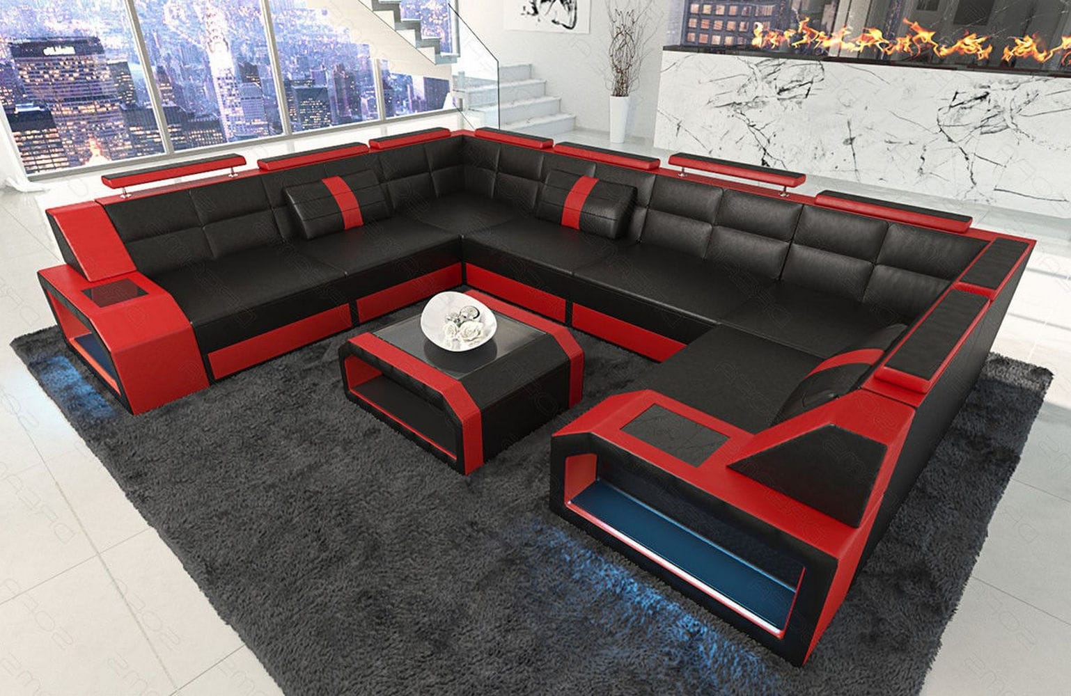 Mini Wohnlandschaft Pesaro U-Form aus Leder Schwarz-Rot