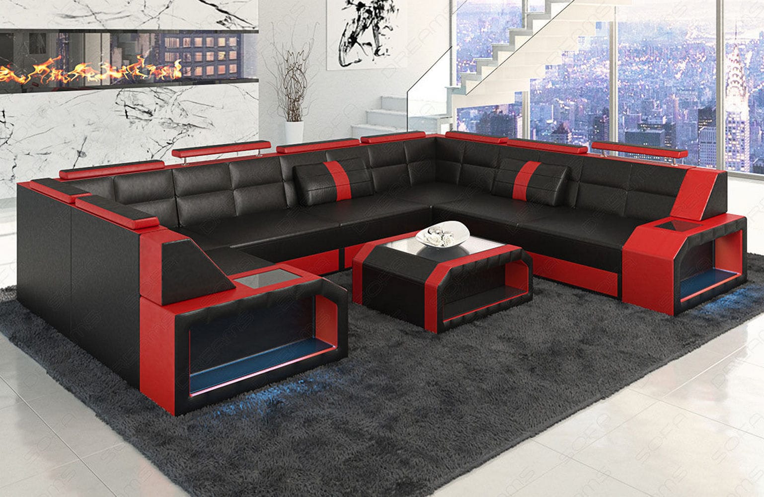 Wohnlandschaft Pesaro U-Form aus Leder schwarz-rot
