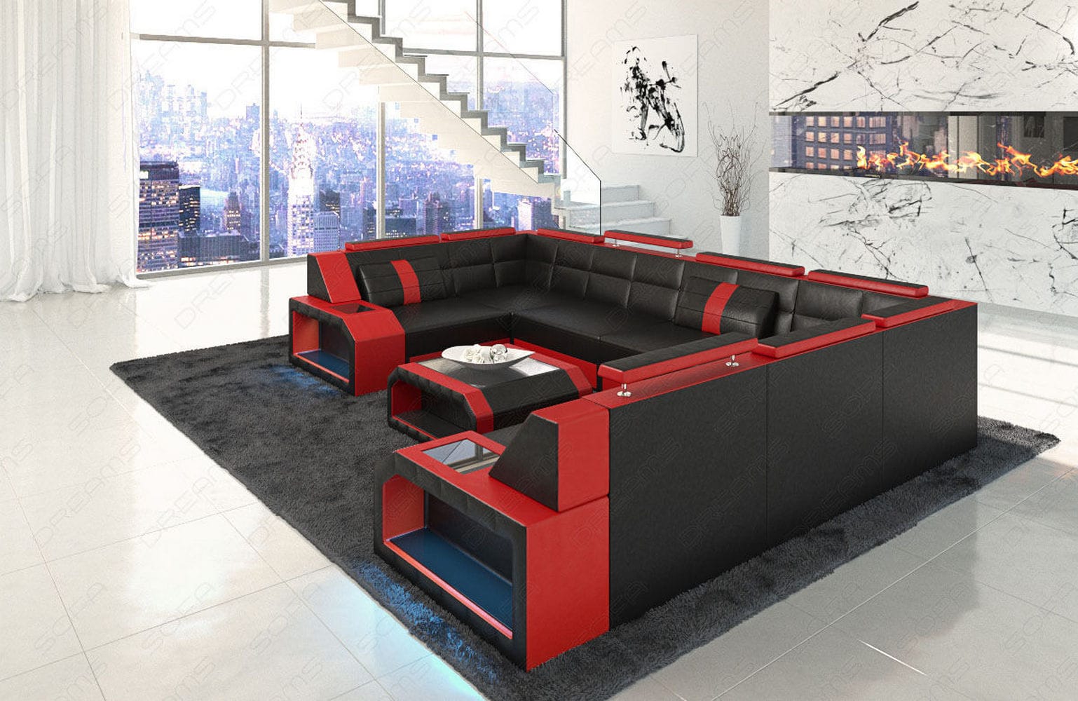 Wohnlandschaft Pesaro U-Form aus Leder schwarz-rot