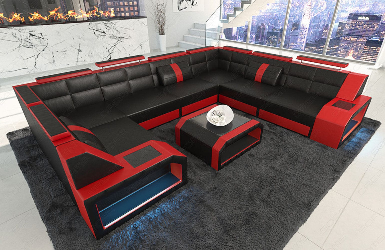 Wohnlandschaft Pesaro U-Form aus Leder schwarz-rot