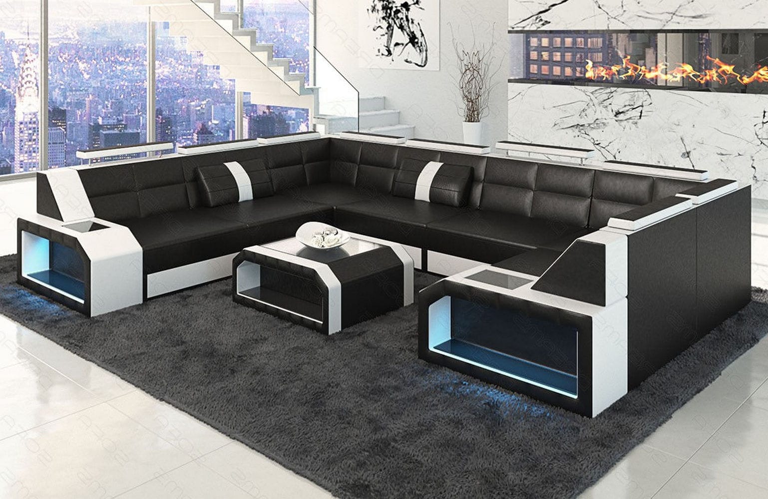 Leder Couch Eckcouch Pesaro L-Form schwarz-weiß