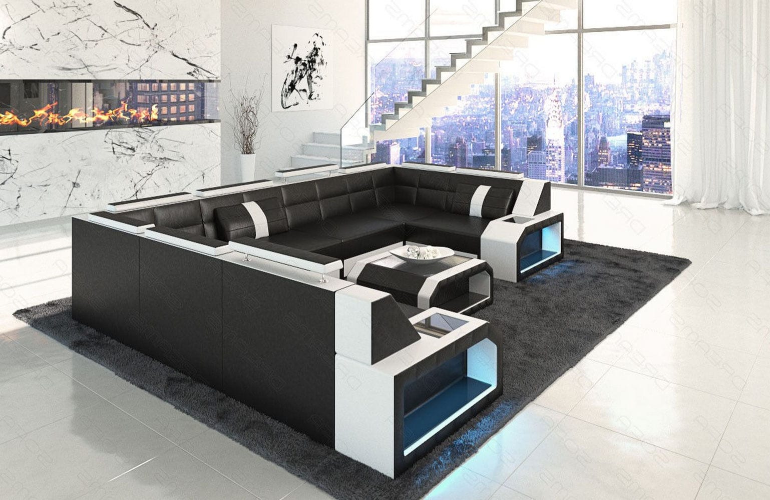Leder Couch Eckcouch Pesaro L-Form schwarz-weiß