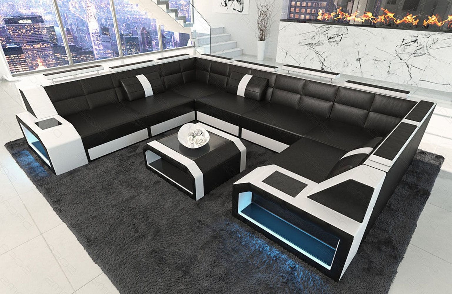 Leder Couch Eckcouch Pesaro L-Form schwarz-weiß