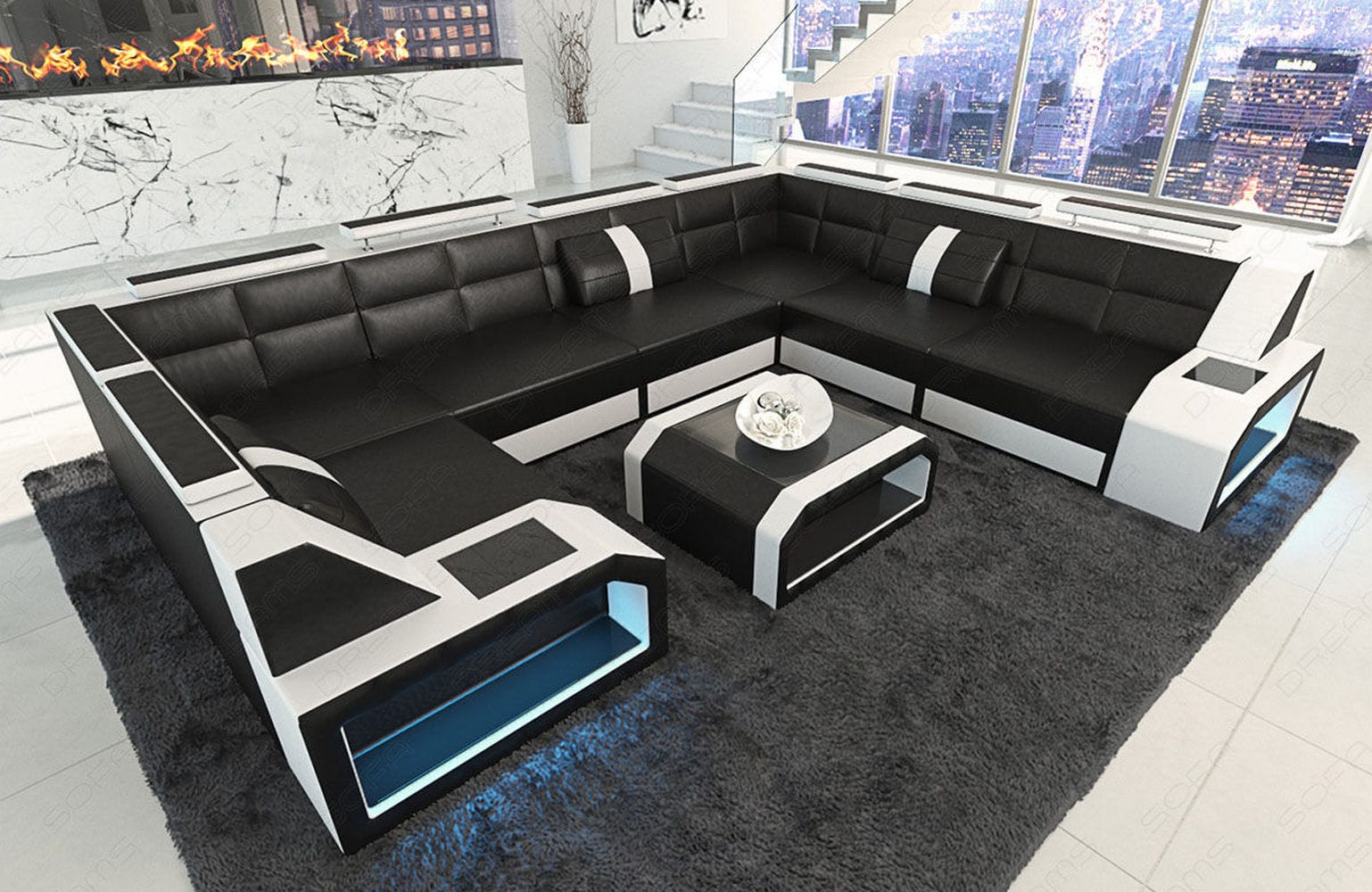 Leder Couch Eckcouch Pesaro schwarz-weiß