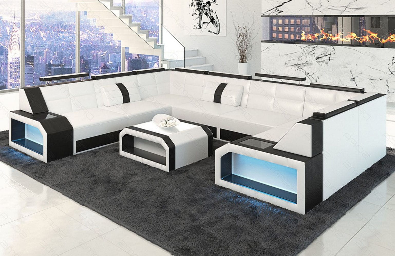 Leder Couch Eckcouch Pesaro weiß-schwarz