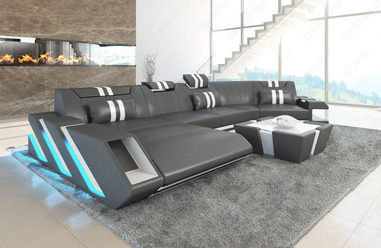 Leder Couch Apollonia C grau-weiß