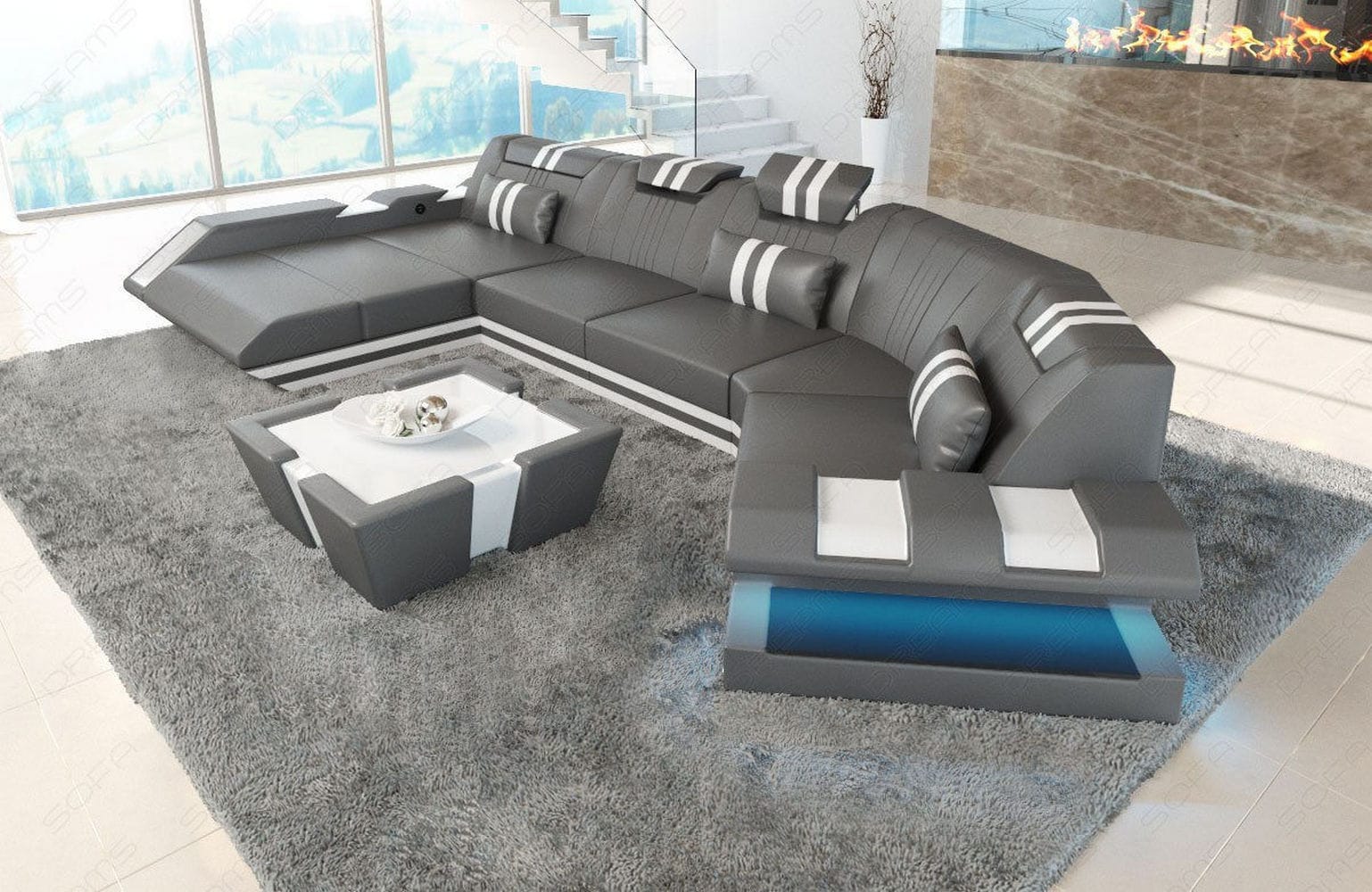 Leder Couch Apollonia C grau-weiß
