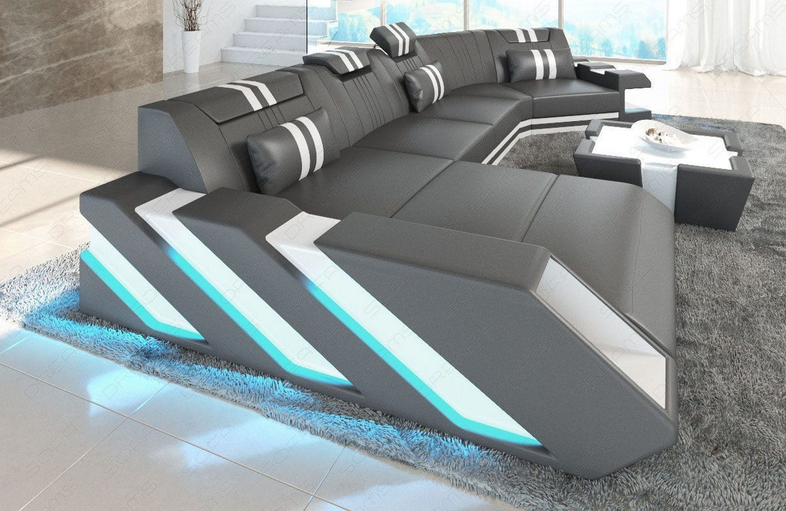 Leder Couch Apollonia C grau-weiß