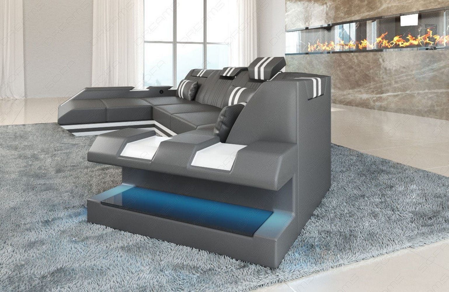 Leder Couch Apollonia C grau-weiß