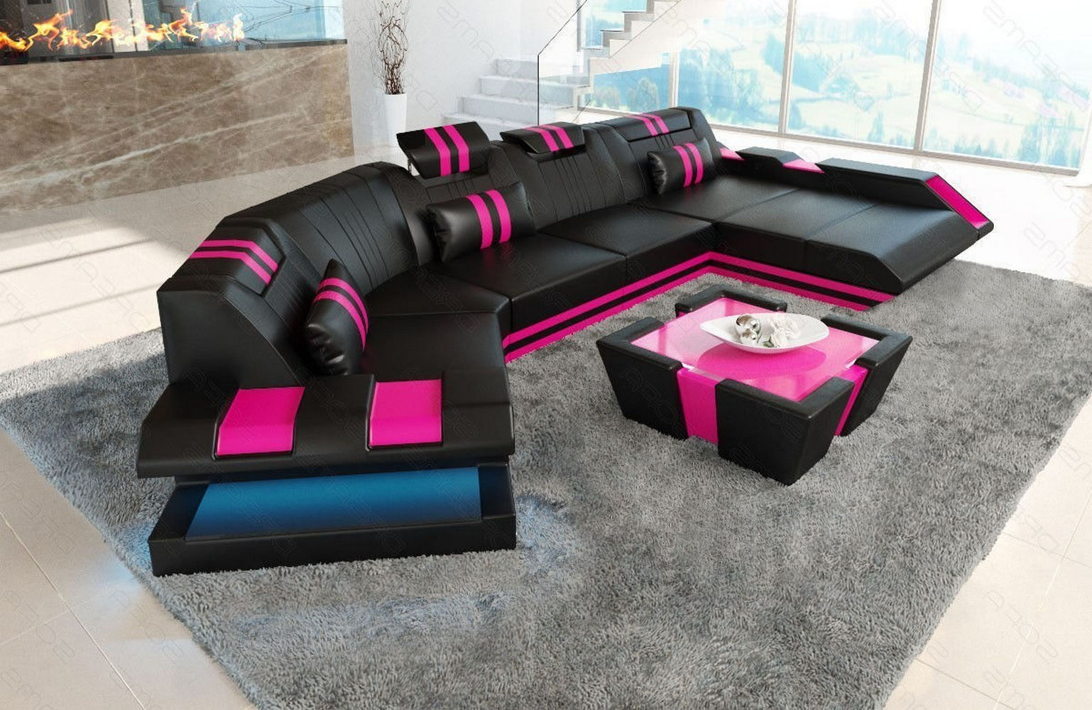 Wohnlandschaft Leder Apollonia C-Form – Komfort schwarz-pink