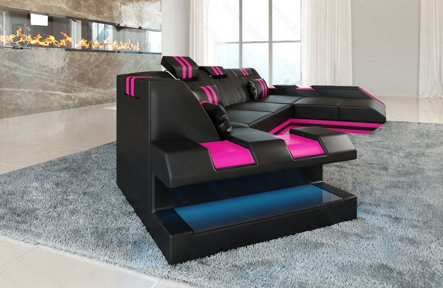 Wohnlandschaft Leder Apollonia C-Form – Komfort schwarz-pink