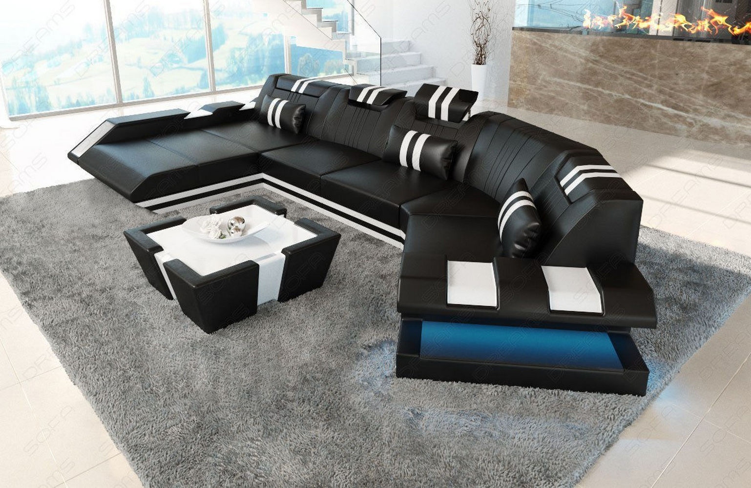 Wohnlandschaft Leder Apollonia C-Form – Komfort schwarz-weiß