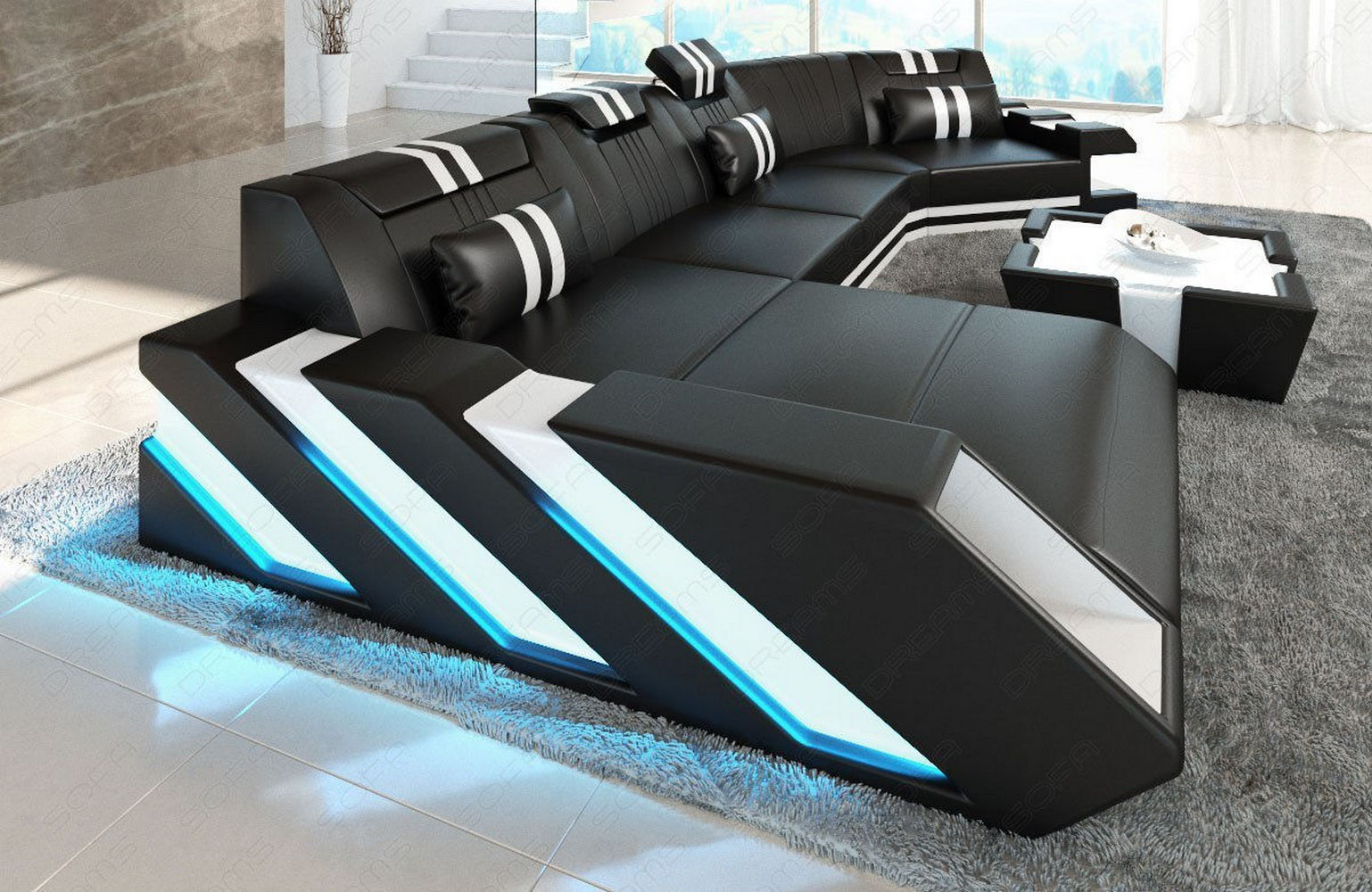 Wohnlandschaft Leder Apollonia C-Form – Komfort schwarz-weiß