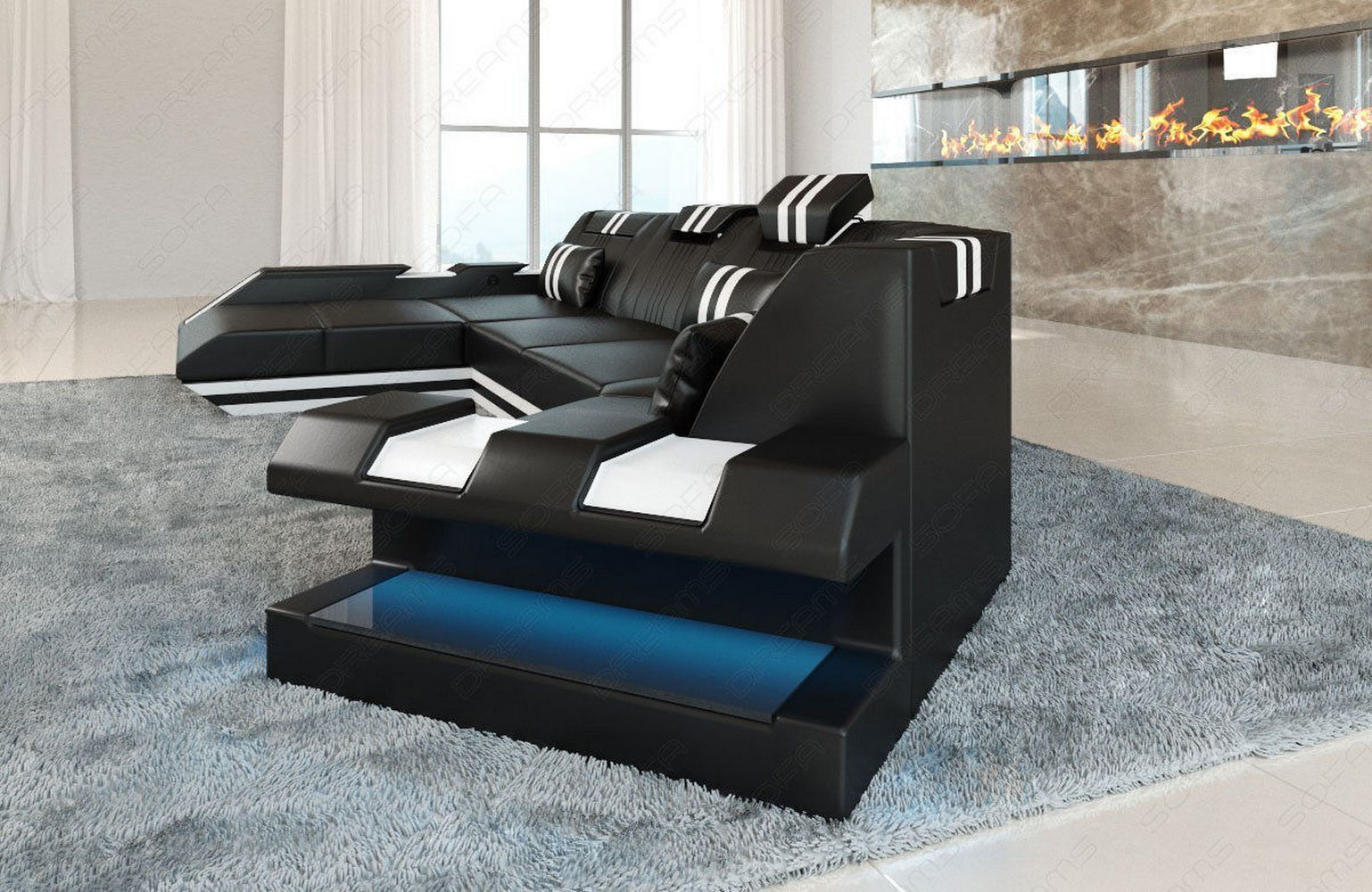 Wohnlandschaft Leder Apollonia C-Form – Komfort schwarz-weiß