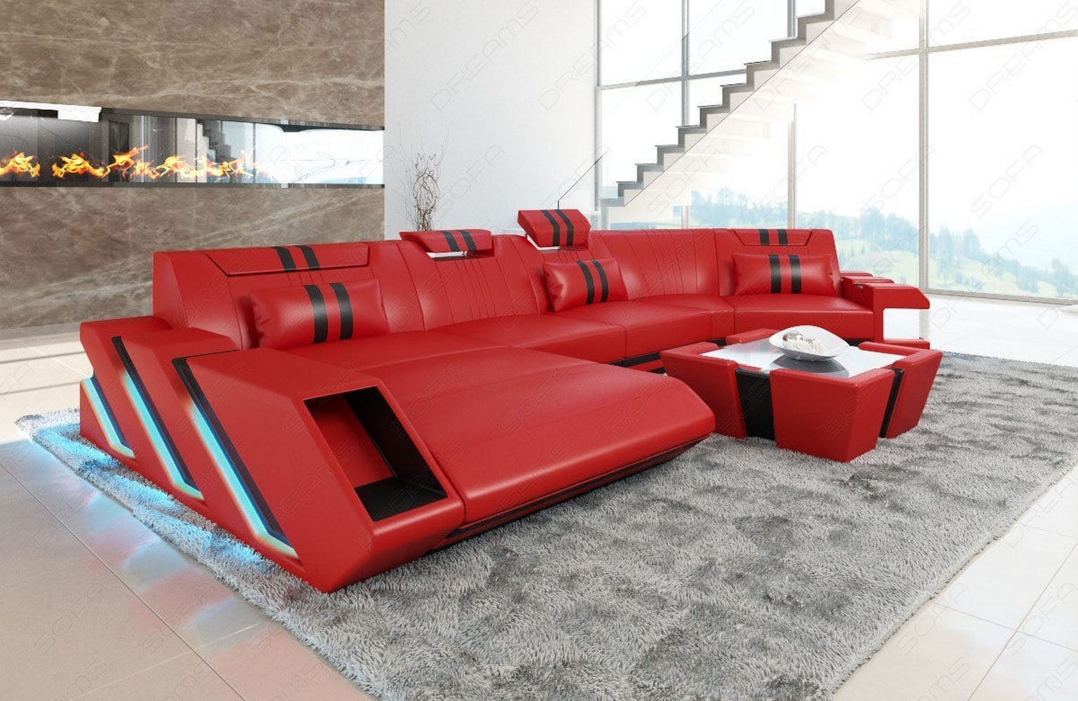 Wohnlandschaft Leder Apollonia C-Form – Komfort rot-schwarz