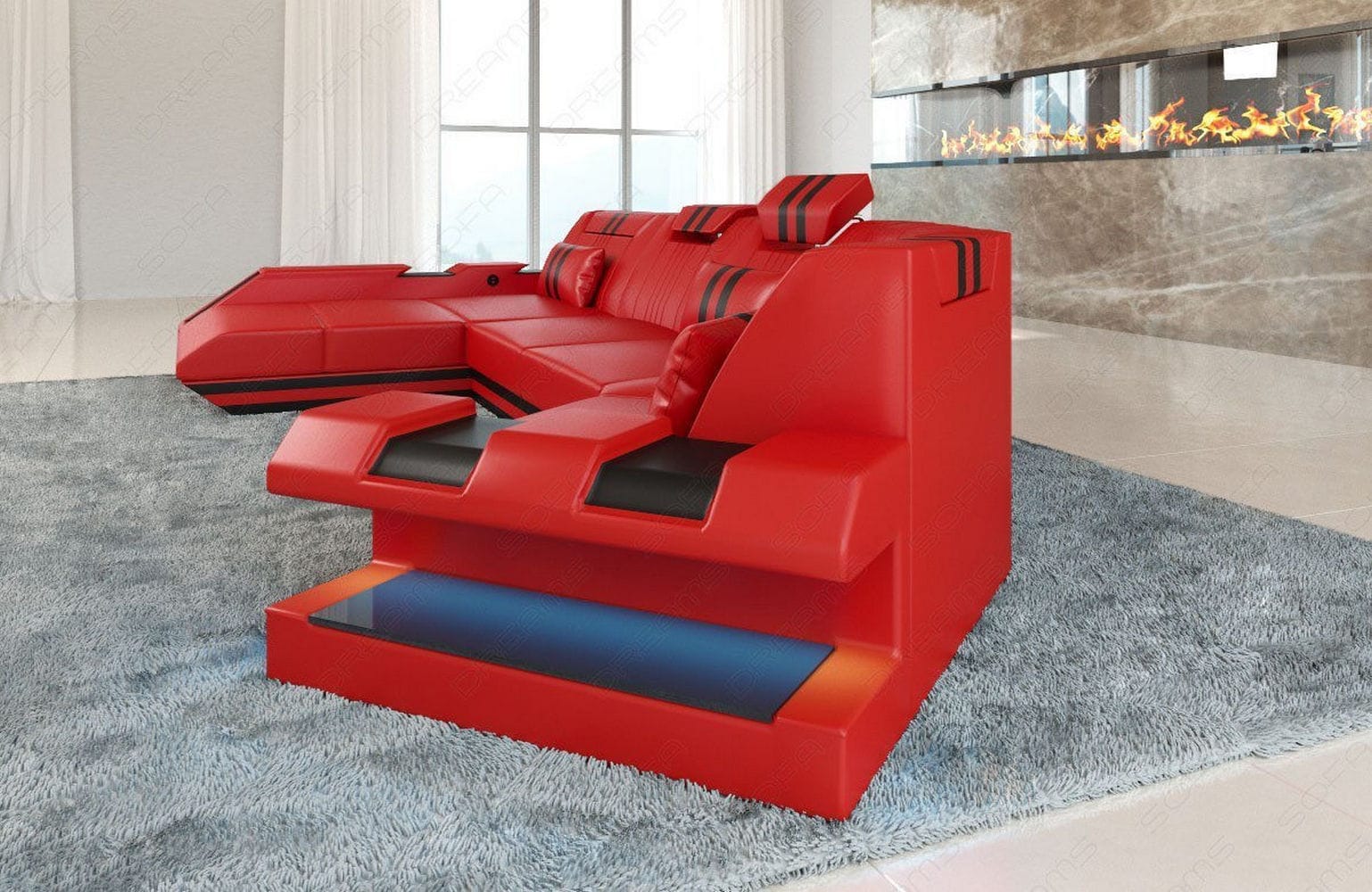 Wohnlandschaft Leder Apollonia C-Form – Komfort rot-schwarz